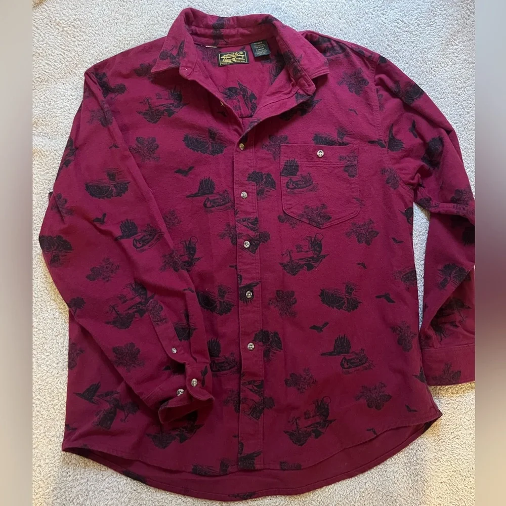 Eddie Bauer Vintage Red and Black 100% Cotton Outdoor Canoe Print Shirt size XL